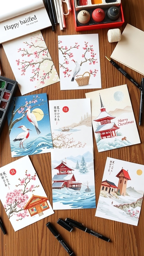 Japanese-inspired Christmas cards with cherry blossoms and cranes on a wooden table with art supplies.